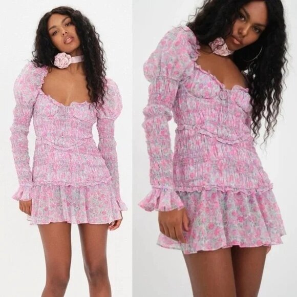 NWT For Love & Lemons Oakley Smocked Floral Mini Dress Size M Pink Purple Green - Picture 2 of 6